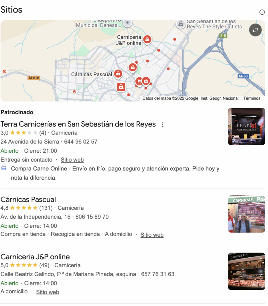 Ejemplo listado Sitios de Google